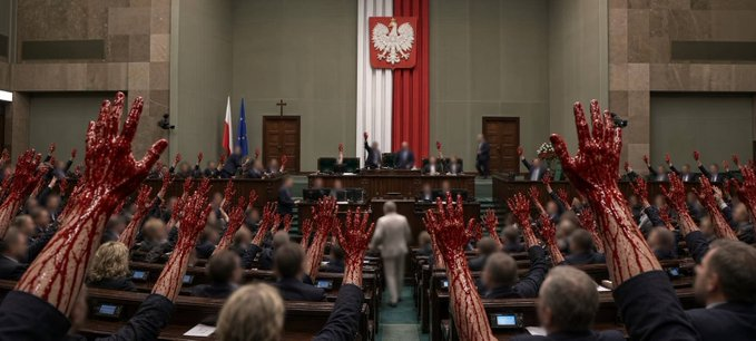 peter5olt's tweet photo. Oni i ich wyborcy mają krew na rękach #Sejm 20.10.2026 r. https://t.co/kdDdlOa5v0