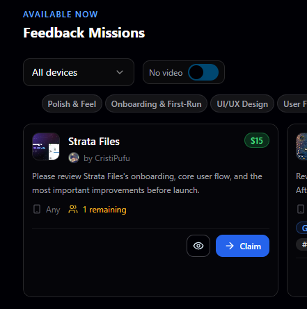 VibeCodingList's tweet photo. $15 feedback mission up for grabs on VCL right now!

Strata Files is looking for a Trusted Analyst to test its onboarding and core user flows.

1 spot left!

not eligible yet? start giving feedback on VCL to build your reputation and unlock paid missions! https://t.co/915QwqFRpO