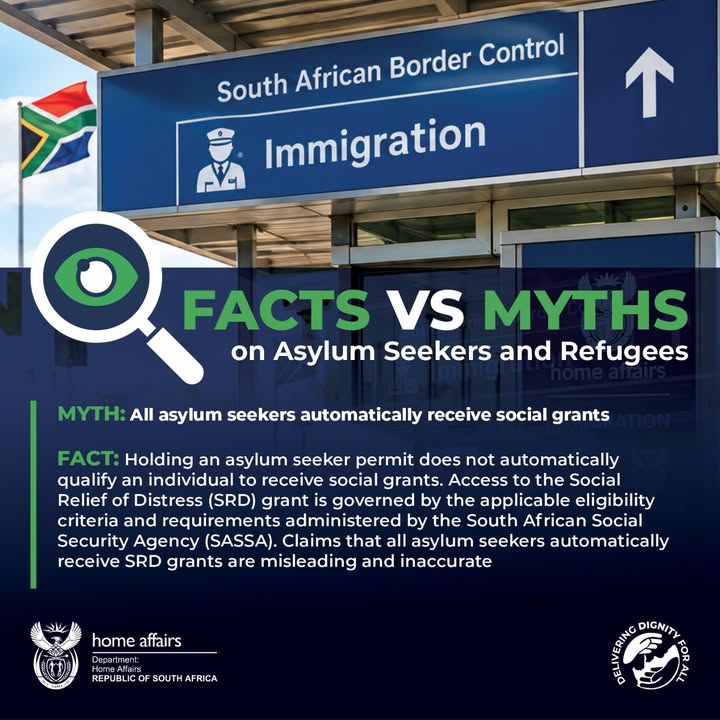 GovernmentZA's tweet photo. #FACTSvsMYTHS  

MYTH: All asylum seekers automatically receive social grants

FACT: Holding an asylum seeker permit does not automatically qualify an individual to receive social grants. 

#Misdisinformation #GovZAUpdates https://t.co/4H5BwXazf6