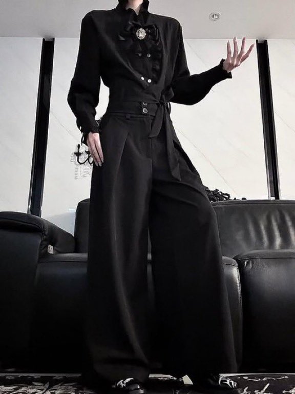 crimsonheirloom's tweet photo. dark gothic tailoring with wide-leg trousers, ruffled details, and dramatic cape layers https://t.co/V2PVGB6QBm