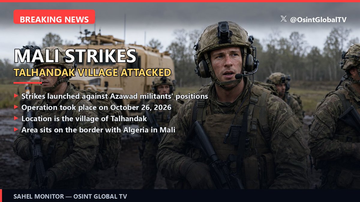 OsintGlobalTV's tweet photo. 🚨 BREAKING: Strikes launched against Azawad militants' positions in the village of Talhandak, Mali, on October 26, 2026. The area sits on the border with Algeria. #Mali #Talhandak #Azawad #AlgeriaBorder #SecurityUpdate https://t.co/QYe9hYTu0p