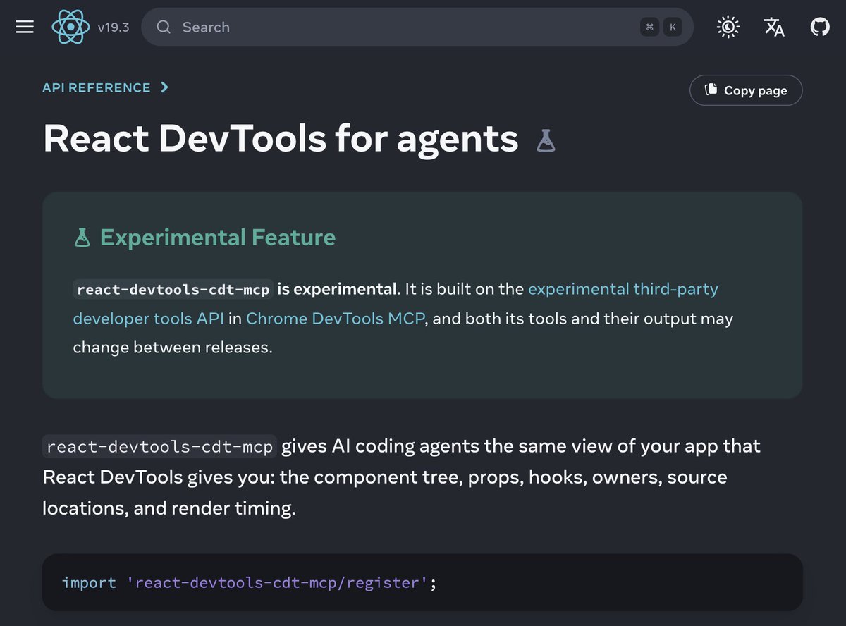 sebastienlorber's tweet photo. 👀 Have you heard of this new experimental React MCP?

Now officially documented here:
https://t.co/Jnz5Zn2dmJ

Technically, it's not really an MCP
➡️ registers a group of tools to Chrome DevTools MCP https://t.co/oYHxoG23F6