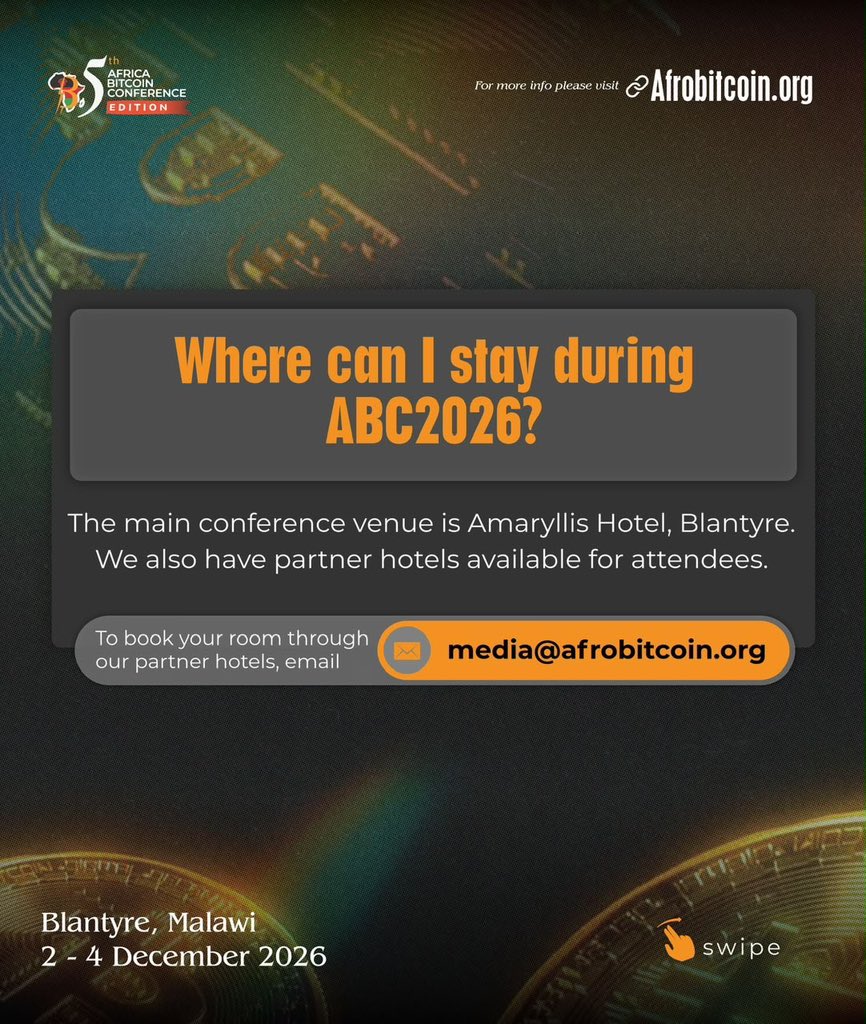 AfroBitcoinOrg's tweet photo. ABC2026 IS CLOSER THAN YOU THINK!

Your countdown to Blantyre starts here.

From travel tips to accommodation and tickets, we’ve answered your key questions to help you prepare for Africa Bitcoin Conference 2026.

Swipe through, save this post, and start getting ready. We’ll see you in Malawi

Blantyre, Malawi | 2–4 December 2026

Secure your ticket: https://t.co/XdRulP5qEg

#ABC2026 #Bitcoin #Africa #Malawi #Blantyre