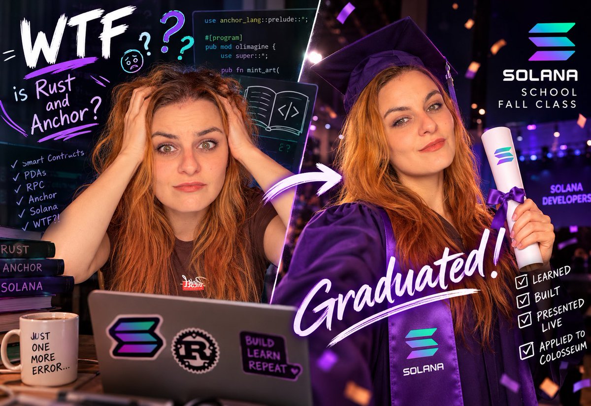 AnastasiiaGons1's tweet photo. From “WTF is Rust & Anchor?” to building my own Solana project. 🎓💜

I officially graduated from Solana School Fall Class!

What started as a simple attempt to understand blockchain better somehow turned into building Olimagine, presenting it LIVE at Solana Developers, and even submitting it to Colosseum. 😂

I want to share my journey the struggles, the ridiculous amount of AI questions, and how a few drawings changed everything.

Here’s my story. 🧵👇

1/10