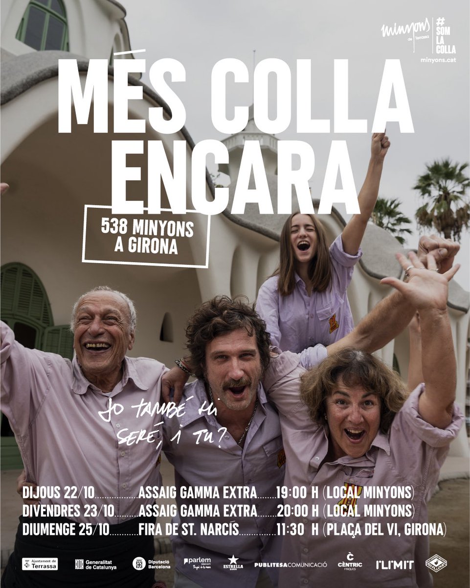 Minyons's tweet photo. ➕ MÉS COLLA ENCARA 💜

Comença el tram final del camí cap a Girona!

🗓️ Dijous 22: Assaig (19h a 23h)

🗓️ Divendres 23: Assaig (20h a 00h)

🗓️ DIUMENGE 25: SANT NARCÍS
📍 11:30 Plaça del Vi (Girona)

Jo també hi seré, i tu?

#castells #MésCollaEncara #terrassa #somlacolla https://t.co/afKnoyI2Nu