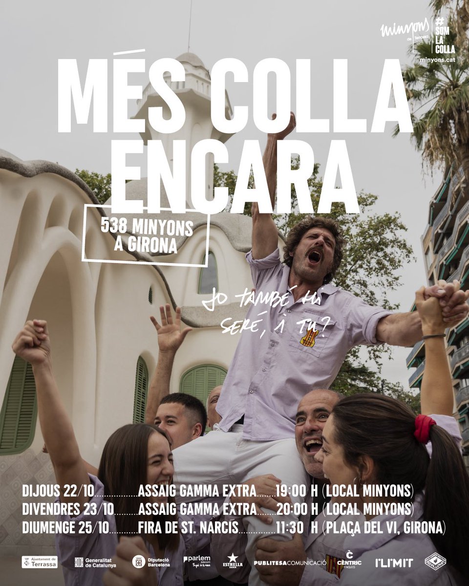 Minyons's tweet photo. ➕ MÉS COLLA ENCARA 💜

Comença el tram final del camí cap a Girona!

🗓️ Dijous 22: Assaig (19h a 23h)

🗓️ Divendres 23: Assaig (20h a 00h)

🗓️ DIUMENGE 25: SANT NARCÍS
📍 11:30 Plaça del Vi (Girona)

Jo també hi seré, i tu?

#castells #MésCollaEncara #terrassa #somlacolla https://t.co/afKnoyI2Nu