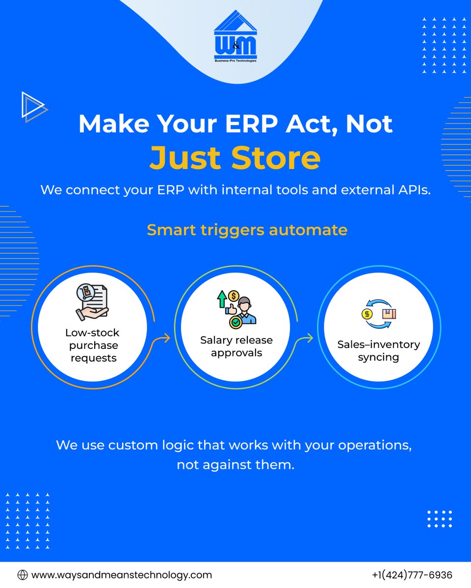WMTechnology's tweet photo. We build modular ERP systems with phased rollouts, smart automation, and room for growth.

At @WMTechnology, we design ERP solutions around your business needs.

#ERPDev #WorkflowDesign #WMTechnology https://t.co/H6X1qAPRQA