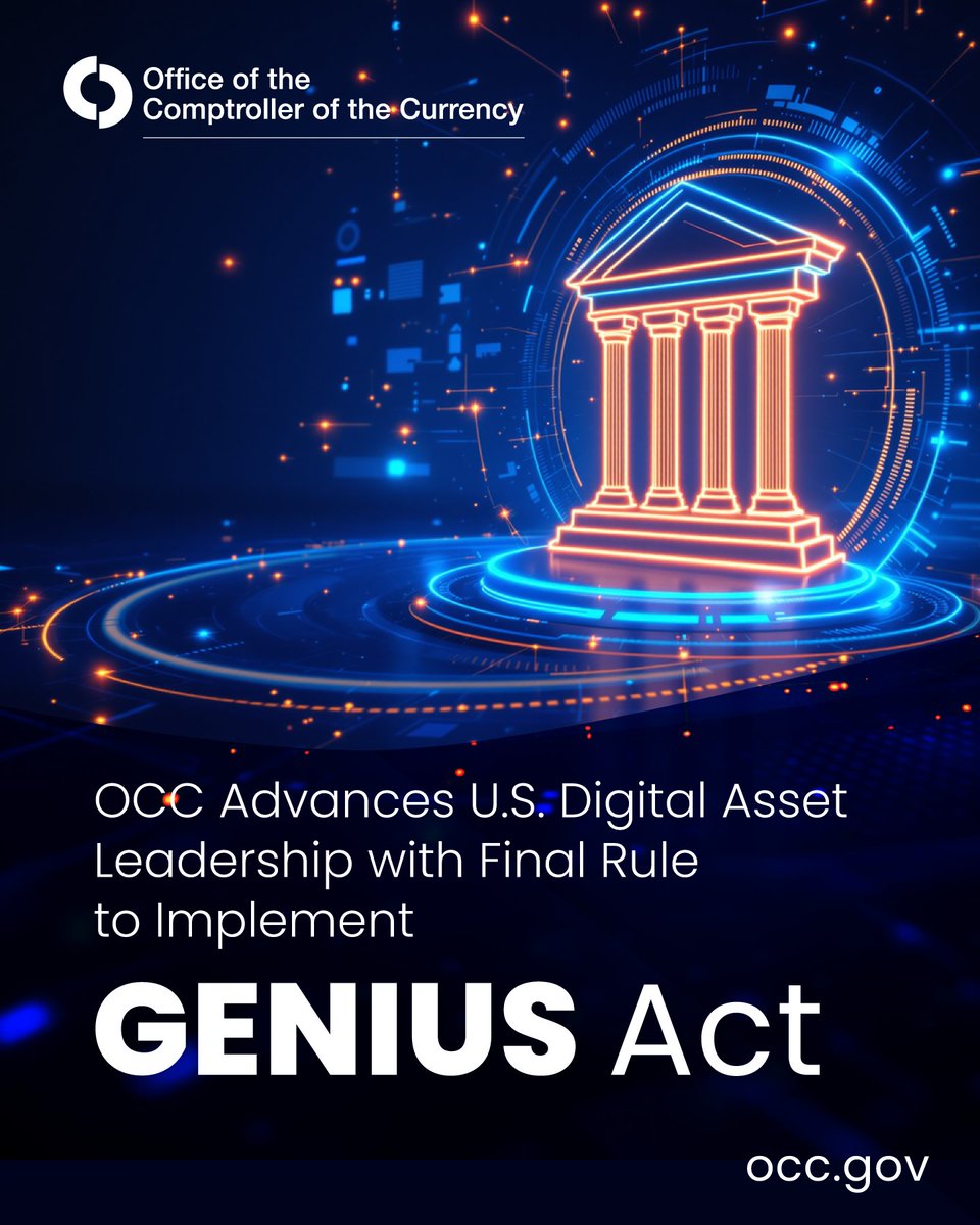 USOCC's tweet photo. .@USComptroller Jonathan V. Gould: Today’s final rule advances @POTUS Trump’s and @SecScottBessent’s vision for American leadership in digital assets. We are providing a clear, practical framework for payment stablecoin innovation, with strong standards for reserve backing, redemption, and risk management. The OCC is drawing on its longstanding supervisory expertise to support responsible growth and innovation for this new industry. https://t.co/IWuIHnQQ0f