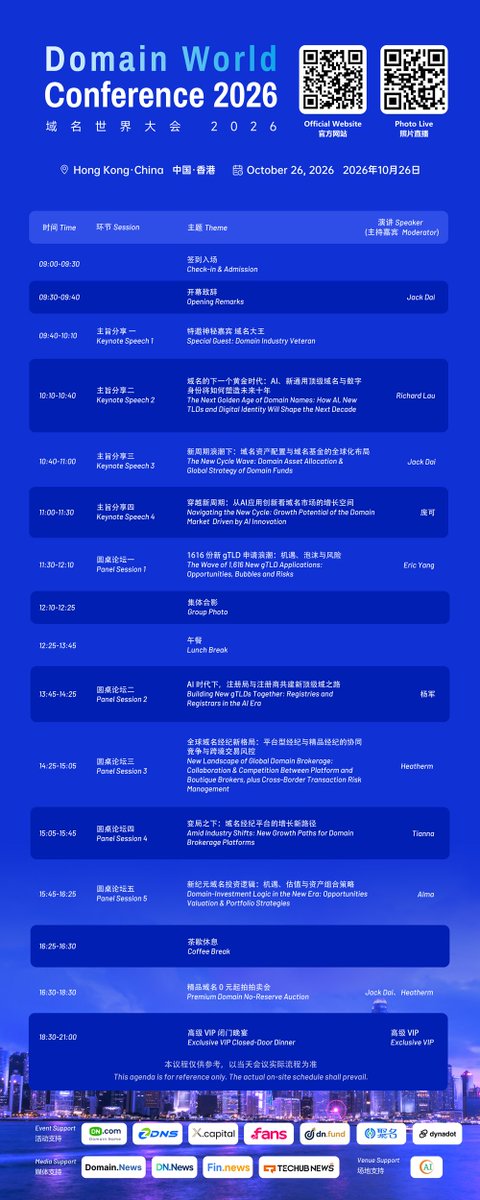 DomainWorldCon's tweet photo. The full agenda for Domain World Conference 2026 is officially out 📋
Join us on October 26 in Hong Kong, China, for a flagship event covering the entire domain ecosystem.
The summit features keynote speeches, high-level panel discussions, premium domain no-reserve auction and exclusive VIP dinner. We bring together registries, registrars, domain brokers, domain funds, investors and tech media worldwide.
Key discussion themes:
▪ Opportunities, bubbles and risks amid the wave of 1,616 new gTLD applications
▪ How registries and registrars build new gTLDs together in the AI era
▪ The new landscape of domain brokerage: platform & boutique brokerage, cross-border transaction risk management
▪ Growth potential of the domain market driven by AI, domain asset allocation & fund strategies
▪ Domain investment logic, valuation and portfolio strategies for the new era 
All domain professionals, brand owners and investors are welcome to connect and explore the new cycle of domains together.
Website: https://t.co/BWkH14tnfG
Get your ticket: https://t.co/OxLZQQDTdE
#DomainWorldConference #DomainNames #gTLD #DigitalAssets #AI