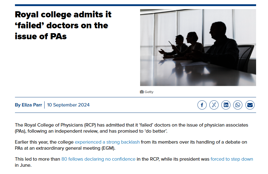 parthaskar's tweet photo. A reminder to @RCPhysicians about what Fellows voted for in an EGM IN 2024

And how data was presented- with it's subsequent fall out due to data manipulation- resulting in resignations

Lessons from the past:

1. Don't manipulate responses to suit a narrative. 

2. Don't ignore Fellows and their views by use of 'process'

Yes- standing by that narrative cost me- yet I haven't budged an inch from that philosophy.

Less Chicanery, More Leadership.

I repeat:

The @lengreview clinical protocols for PAs should be rejected -if nothing else- on grounds of presumed COI by contributors.

Also- PAs should NOT be seeing undifferentiated patients.
Full stop.

@Mumtaz_Patel_1 @OGMustafa @HilaryWMedic