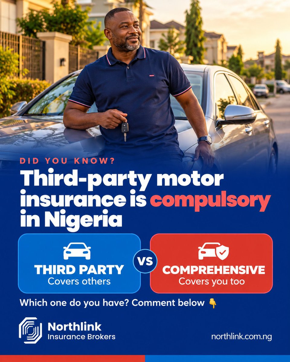 Northlink_IB's tweet photo. Did you know? Third-party motor insurance is compulsory in Nigeria. 🚗

It covers other people. Comprehensive cover protects you too, including your own vehicle.

Which one do you have? Reply THIRD PARTY or COMPREHENSIVE.

#NorthlinkInsurance #MotorInsurance https://t.co/hJD9oN1q6z