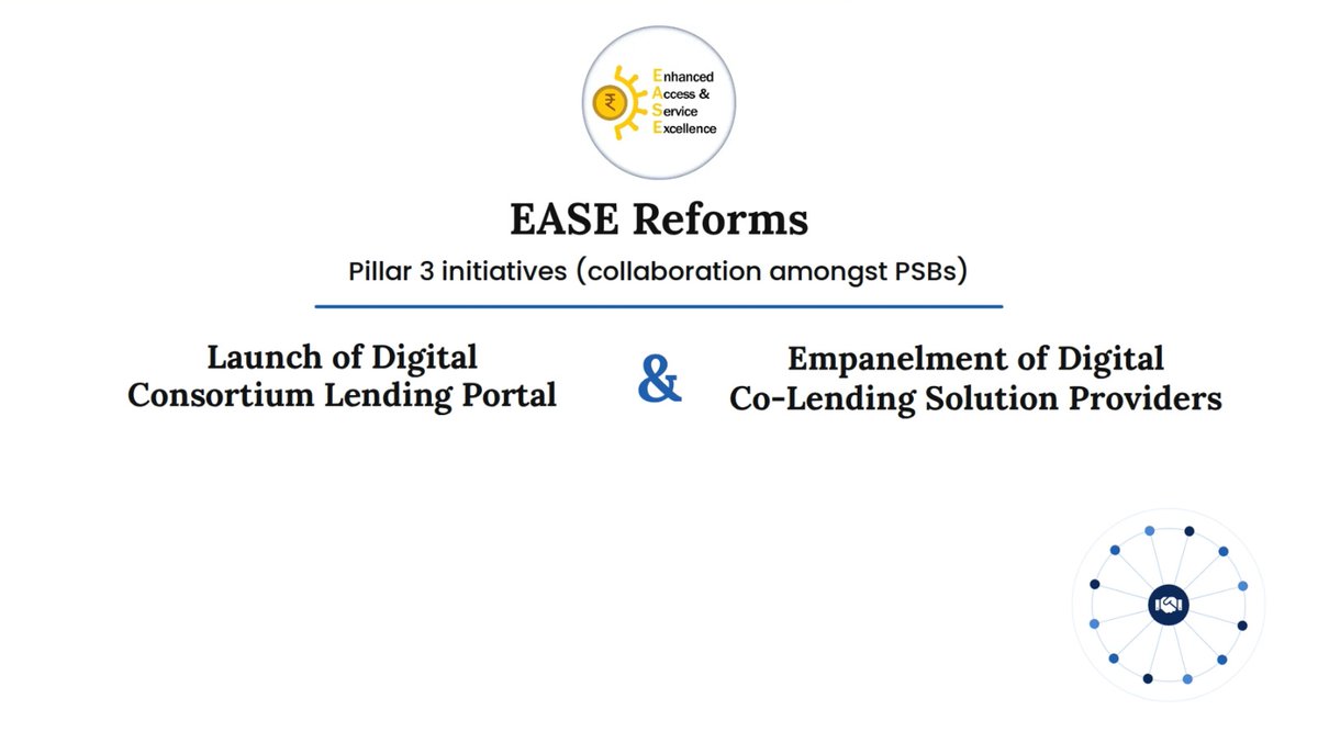 ChiefIba's tweet photo. To strengthen “Collaboration Among PSBs”, two key initiatives were launched under EASE Pillar 3:
1. Digital Portal for Consortium Lending
2. Empanelment of Digital Co-Lending Solution Providers for PSBs

@PMOIndia @FinMinIndia @DFS_India @PIB_India #EASE https://t.co/1Ix9Thy8eI