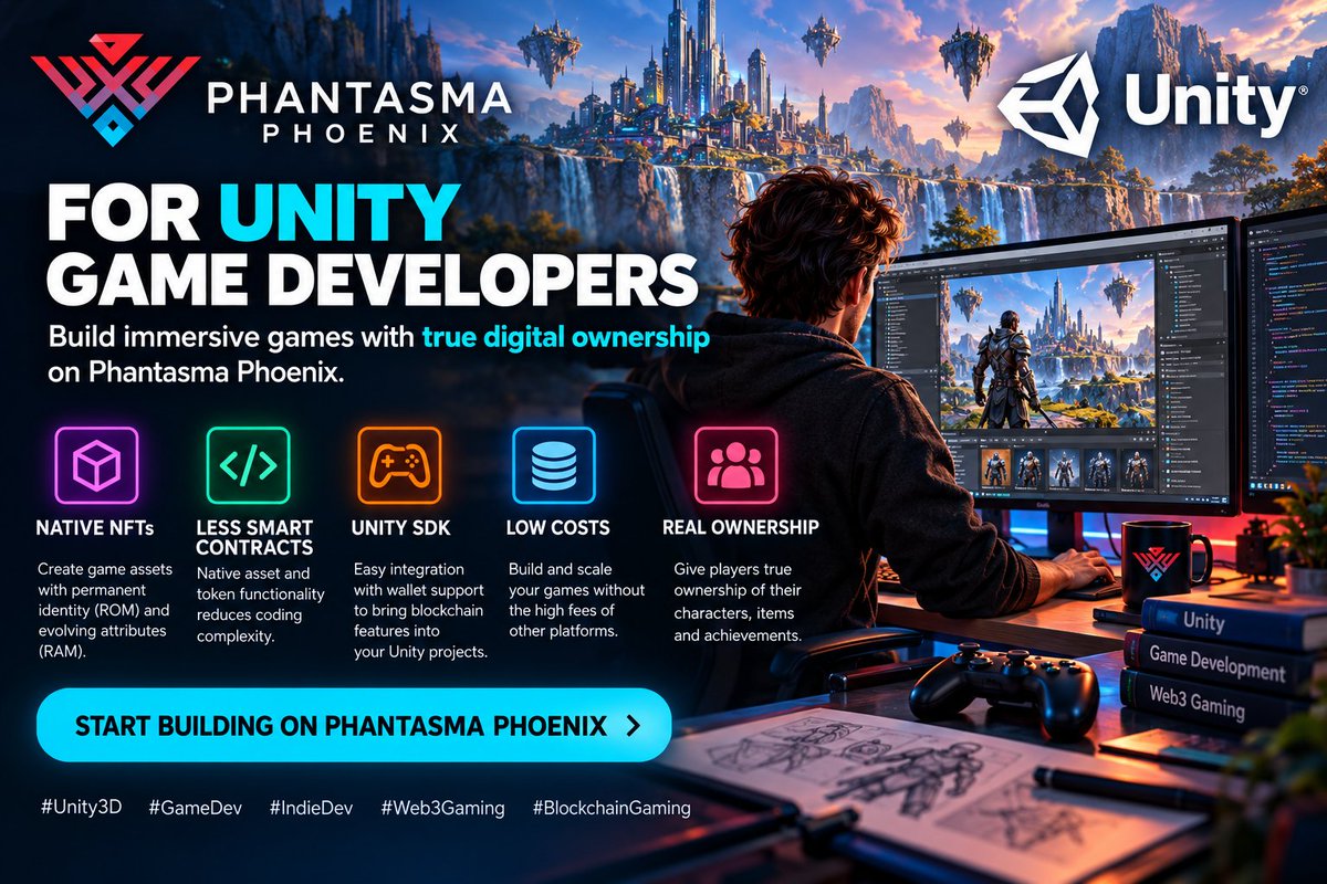 RobX64's tweet photo. Unity developers: Ready to take your games to the next level?

Build on Phantasma Phoenix with:

- SmartNFTs with evolving attributes (ROM/RAM)
- Less smart contract complexity
- Unity SDK integration
- True player ownership

@PhantasmaChain $SOUL

#Unity3D #GameDev #IndieDev https://t.co/e4yB30Ohbe