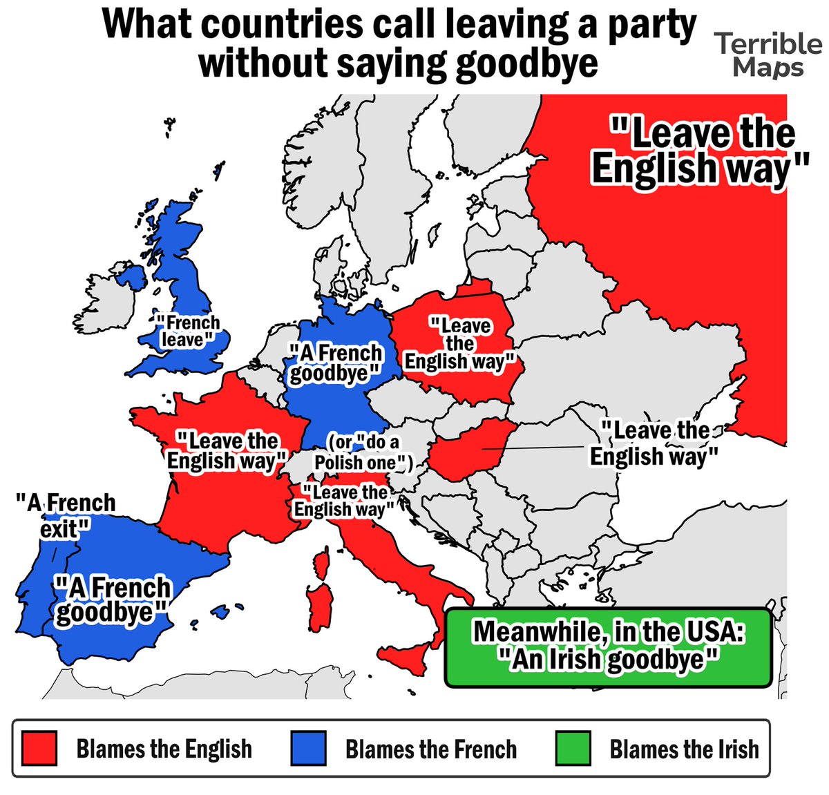 TerribleMaps's tweet photo. What countries call leaving a party without saying goodbye https://t.co/O3FudtoNkm