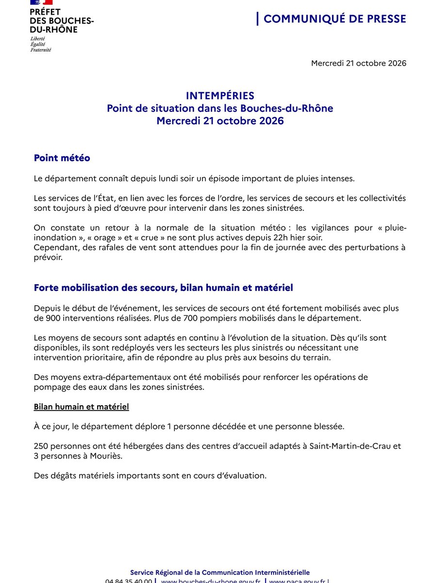 Image de Préfet de la région Provence-Alpes-Côte d'Azur - #Intemperies dans les #BouchesduRhone
On constate un retour à la normale de la situation météo. Cepe