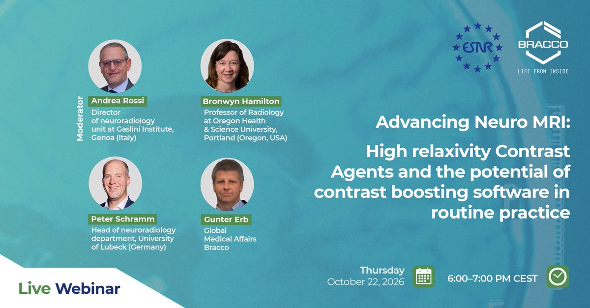 ESNRad's tweet photo. 🧠 Explore high-relaxivity contrast agents and contrast-boosting software in routine Neuro MRI with ESNR &amp; Bracco.

📅 22 Oct | 18:00–19:00 CEST
👉 Register: https://t.co/QlAPebdom8

#ESNR #Neuroradiology https://t.co/1wMkYgEjCI