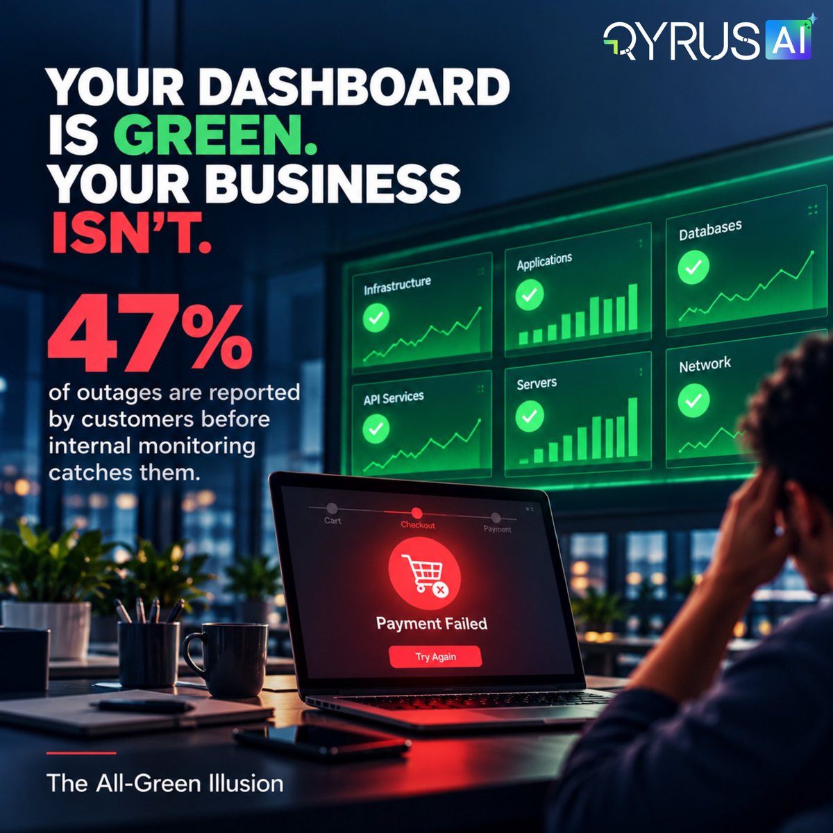 QyrusAI's tweet photo. Your observability stack can tell you a service is failing.

Can it tell you which customers, transactions, and revenue streams are at risk?

That’s the blind spot.

Enterprise teams have more telemetry than ever. More dashboards. More alerts. More monitoring.

Yet during a critical incident, leadership still asks:

What is affected? 
How severe is it? 
Which business service is at risk? 
What should the team fix first?

The answer rarely sits inside a single monitoring dashboard.

44% of IT incidents stem from detectable failures. And 47% of outages are reported by customers before internal monitoring catches them.

The issue isn’t visibility. It’s business context.

The next step for observability is connecting technical signals to application dependencies, business workflows, customer journeys, and financial impact.

That shift can help teams:

→ Prioritize incidents based on business exposure 
→ Reduce time spent tracing dependencies 
→ Respond faster to critical failures 
→ Protect customer experience and revenue

We need to stop measuring observability by how much data we collect.

The real measure is how quickly we turn that data into the right business decision.

Read the full blog: The Blind Spot of Observability: Why IT Visibility Without Business Context Fails - https://t.co/tV4J0aGNX2

Does your observability strategy show what’s broken, or what’s actually at risk?

#Observability #BizOps #AIOps #ITOperations #EnterpriseIT #BusinessResilience #DigitalTransformation
