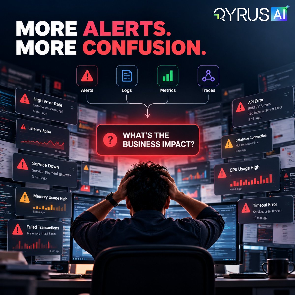 QyrusAI's tweet photo. Your observability stack can tell you a service is failing.

Can it tell you which customers, transactions, and revenue streams are at risk?

That’s the blind spot.

Enterprise teams have more telemetry than ever. More dashboards. More alerts. More monitoring.

Yet during a critical incident, leadership still asks:

What is affected? 
How severe is it? 
Which business service is at risk? 
What should the team fix first?

The answer rarely sits inside a single monitoring dashboard.

44% of IT incidents stem from detectable failures. And 47% of outages are reported by customers before internal monitoring catches them.

The issue isn’t visibility. It’s business context.

The next step for observability is connecting technical signals to application dependencies, business workflows, customer journeys, and financial impact.

That shift can help teams:

→ Prioritize incidents based on business exposure 
→ Reduce time spent tracing dependencies 
→ Respond faster to critical failures 
→ Protect customer experience and revenue

We need to stop measuring observability by how much data we collect.

The real measure is how quickly we turn that data into the right business decision.

Read the full blog: The Blind Spot of Observability: Why IT Visibility Without Business Context Fails - https://t.co/tV4J0aGNX2

Does your observability strategy show what’s broken, or what’s actually at risk?

#Observability #BizOps #AIOps #ITOperations #EnterpriseIT #BusinessResilience #DigitalTransformation
