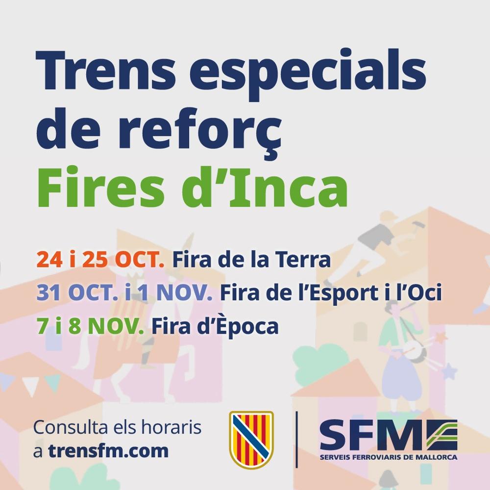 setmanari's tweet photo. SFM reforça els serveis de tren els caps de setmana amb motiu de les fires d'Inca prèvies al Dijous Bo. @ATBIllesBalears @goib @ConselldeMca @incaciutat @ajuntpalma   https://t.co/PIyJgJFwpd https://t.co/n8Mq2GLDc7