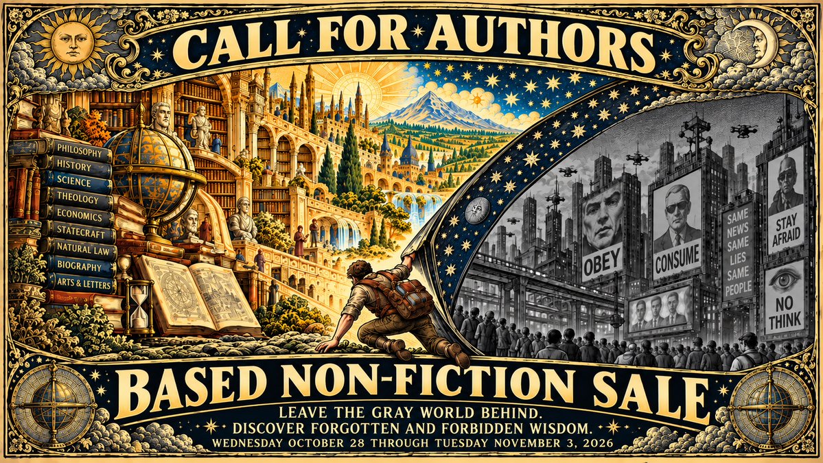 basedbooksale's tweet photo. CALL FOR AUTHORS!
History, science, philosophy, religion, politics, and more. Got a nonfiction book that challenges conventional wisdom or recovers forgotten knowledge?
Join the Based Non-Fiction Book Sale, Oct. 28–Nov. 3!
https://t.co/foGLtO7vAr https://t.co/hoNlLdjox3