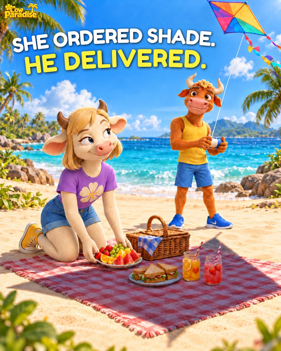 cow_paradise__'s tweet photo. 🪁 Moly brought the snacks. Sunny brought the shade—with a kite! That’s teamwork in Cow Paradise. ☀️💛

Who’s the creative problem-solver in your friend group?

▶️ More adventures on YouTube: 👇
https://t.co/ikoCWhoF9q
.
.
.
.#CowParadise #Moly #Sunny #picnic #islandlife https://t.co/7jqZfPs3pf