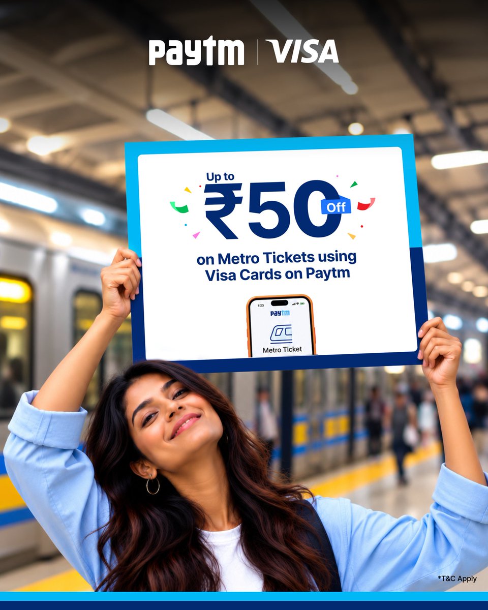 Paytm's tweet photo. Attention, Metro commuters. 😉
Get up to ₹50 off on Metro tickets with @Visa_IND cards on Paytm.📲🚇