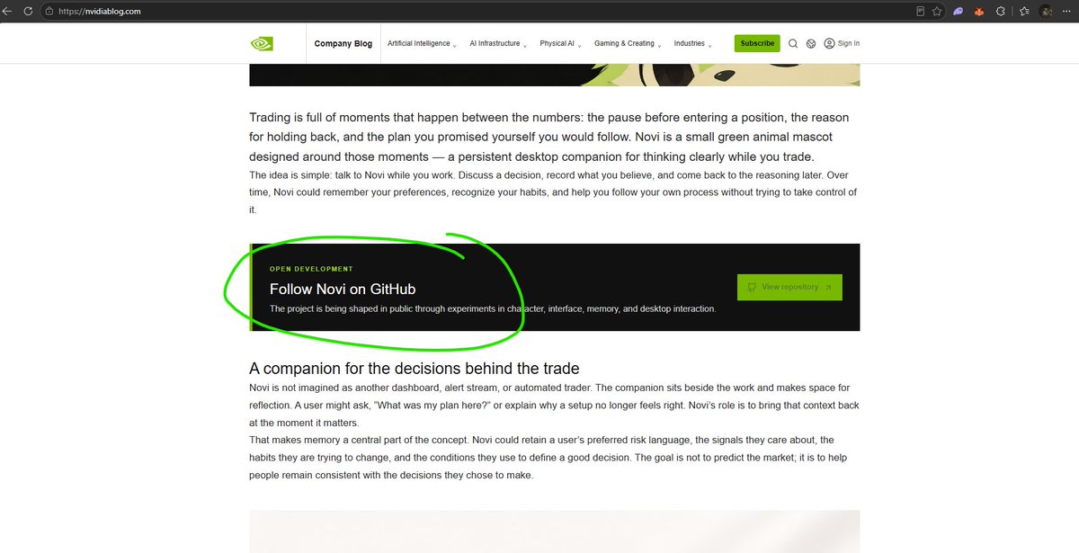 tweetplay's tweet photo. HOLY FUCKING SHIT I FOUND SOMETHING INSANE

in the official nvidia blog website, one of their devs made a TRADING COMPANION named Novi

its using Nvidia AI and GPU computing to read market data, its insane

the github is LITERALLY in the blog, its all verifiable check it for yourself: https://t.co/w1zQ38d2N2

his github: https://t.co/EyQrAtmFi3