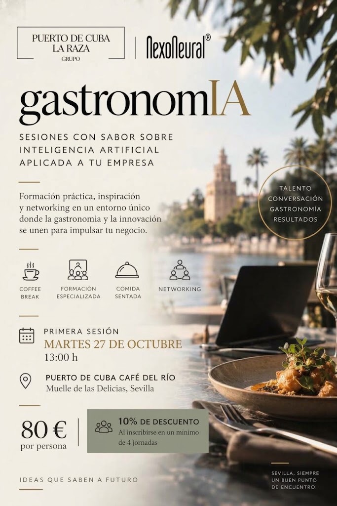 camaradesevilla's tweet photo. 🤝¡Participa en #GastronomIA: una experiencia que combina #formación práctica, #gastronomía y #networking para acercar la IA al mundo empresarial!

🤖La #InteligenciaArtificial se sienta a la mesa a orillas del Guadalquivir con #GastronomIA, un encuentro organizado por el socio del #ClubCámaraAntares @GrupoPDCLaRaza, en colaboración con #NexoNeural.

👉Dirigido a profesionales interesados en entender cómo integrar la #IA en su actividad para obtener el máximo rendimiento.

📅 27 de octubre
📍 Puerto de Cuba Café del Río, Sevilla
🍽️ Formación, almuerzo y networking

✅Una jornada para aprender, compartir y descubrir nuevas formas de impulsar tu negocio. Conoce más detalles en ⤵️

https://t.co/gYYkOIszmz

#GastronomIA #InteligenciaArtificial #Empresas #Innovación #Sevilla #Networking
