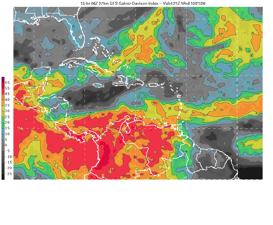 EstebanWXcast's tweet photo. Venezuela, 21OCT26. Débil alta/dorsal en niveles bajos/SFC en el occidente de Venezuela y Colombia (según GFS) y decreciente forzamiento en altura y establecimiento de convergencia en la mitad oriental y sur del país, limitarán la convección profunda debido a orografía elevada. https://t.co/lQKLgjK8rx