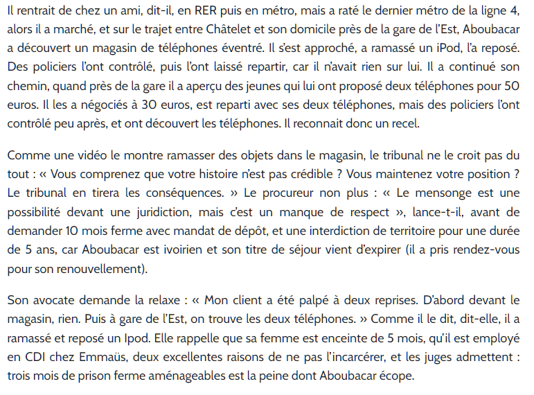 Polydamas's tweet photo. Le titre de séjour d'Aboubacar est expiré, il est en CDI chez Emmaüs, sa femme est enceinte, il a volé des téléphones, mais il ne prend qu'une peine avec sursis. 

Ce cas résume tant de déficiences françaises... 
https://t.co/GQaatQWbOV https://t.co/kiVdyiK4S8