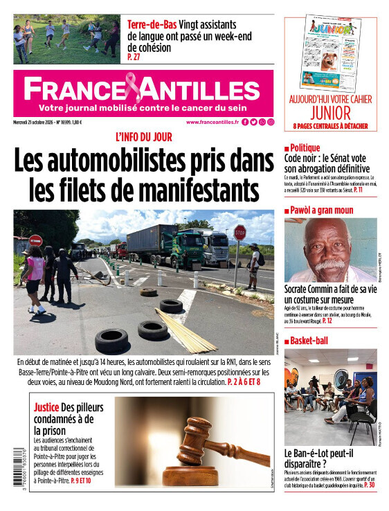 FAGuadeloupe's tweet photo. 🗞️ A la Une de votre FRANCE-ANTILLES ce mercredi matin.
Votre journal à retrouver dans tous nos points de vente et sur notre site internet. https://t.co/H3EuYPj1Jd