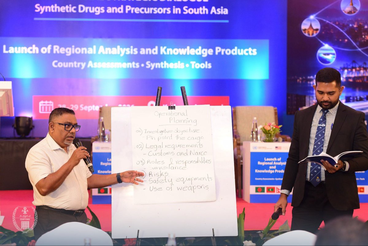 CustomsMv's tweet photo. South Asia Strategic Dialogue on Synthetic Drugs: Strengthening Preparedness, Partnership and Regional Action

🔹 Senior Superintendent Ali Mahir
🔹 Chief Customs Officer Ahmed Hussain Fulhu

@UNODC https://t.co/Yakc9KGPom