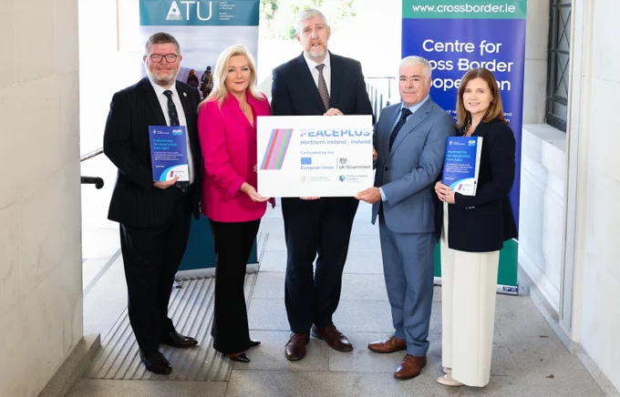 Photograph of Ian Crozier (Chief Executive, Ulster-Scots Agency), Gina McIntyre (Chief Executive, SEUPB), John O’Dowd, MLA (Minister of Finance), Anthony Soares (Director, Centre for Cross Border Cooperation) and JoAnne Kilmartin (Senior Development Officer, North South Engagement Centre, Atlantic Technological University).