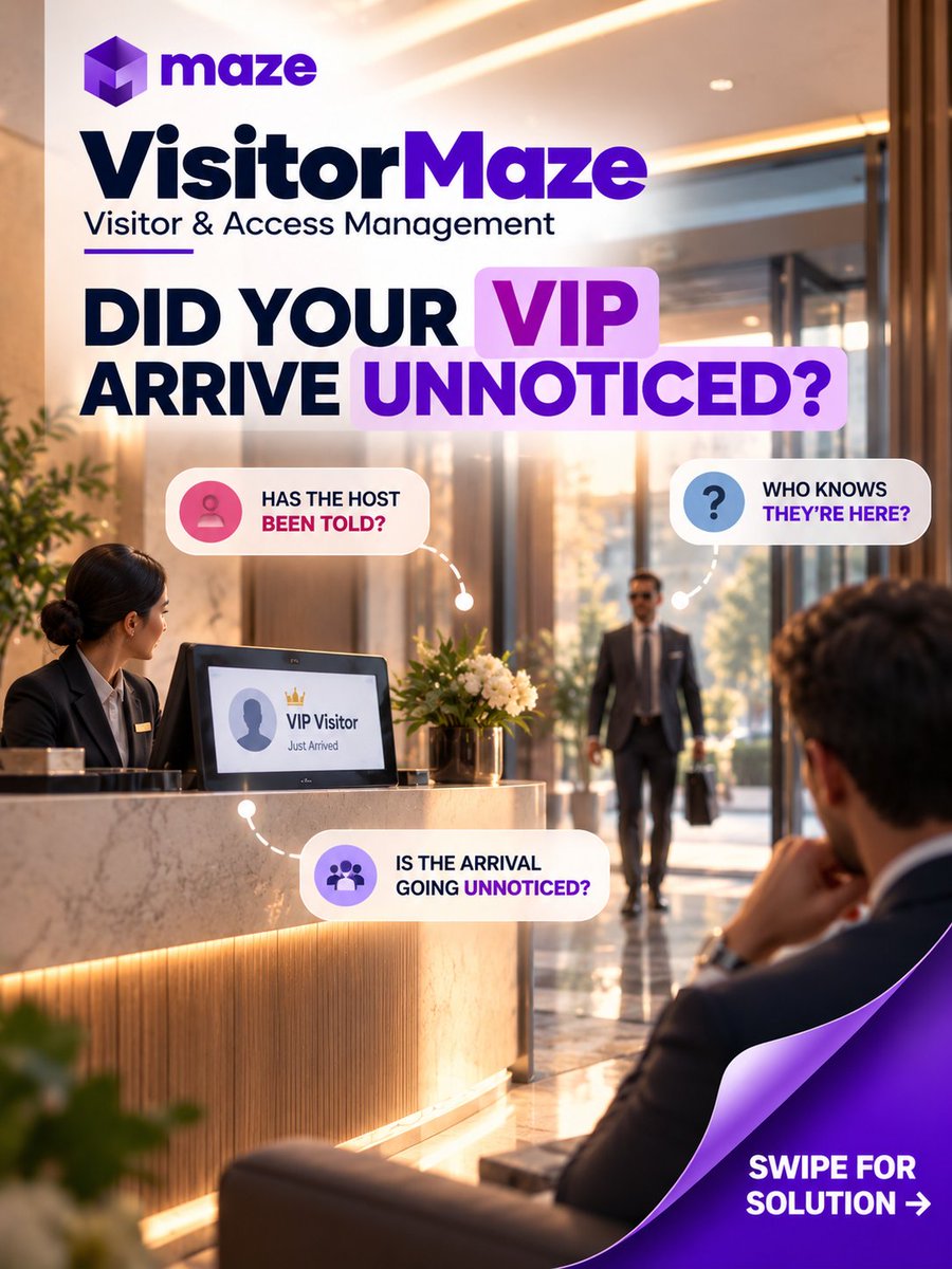 infomazeglobal's tweet photo. VIP arrival. Instant alert. ๐ VisitorMaze sends push and SMS notifications when VIP guests arrive, helping hosts respond right away.
Explore now: https://t.co/oBSEMEGDH7
#VisitorMaze #VisitorManagement #SmartWorkplace #GuestExperience #AccessControl #MazeGlobal https://t.co/GLdSgBwTYQ