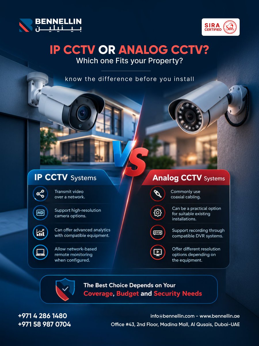 bennellin_'s tweet photo. IP CCTV vs Analog CCTV

Two technologies. One important goal: protecting what matters.

 IP CCTV offers network-based monitoring and advanced features with compatible equipment.

: https://t.co/PpNj4NDyuX
, Dubai – UAE

#Bennellin #IPCCTV #AnalogCCTV https://t.co/Zf1Aa6F741