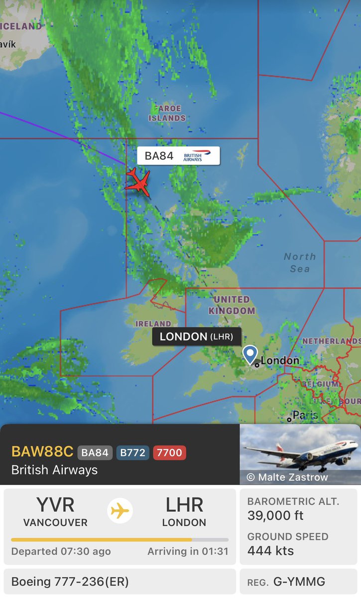 Squawk_Alert's tweet photo. #BritishAirways flight #BAW88C/#BA84 operated by #BritishAirways from #Vancouver to #London is squawking 7700. The aircraft is a #Boeing 777-200(ER) with registration #GYMMG. Crew has declared emergency and appears to be continuing to London. https://t.co/pGJG3VgORE