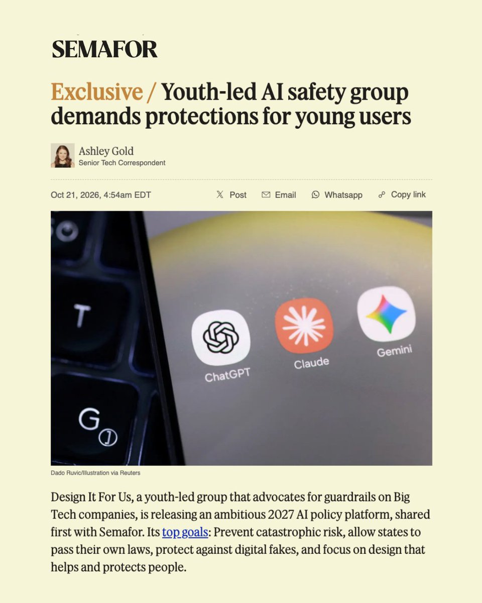 DesignItForUs's tweet photo. AI companies are racing towards fully automated AI research and development, with little care for the consequences.

That's why we created our 2027 AI policy platform -to ensure that AI’s benefits do not come at the expense of our future. https://t.co/JXXNcvibfy
