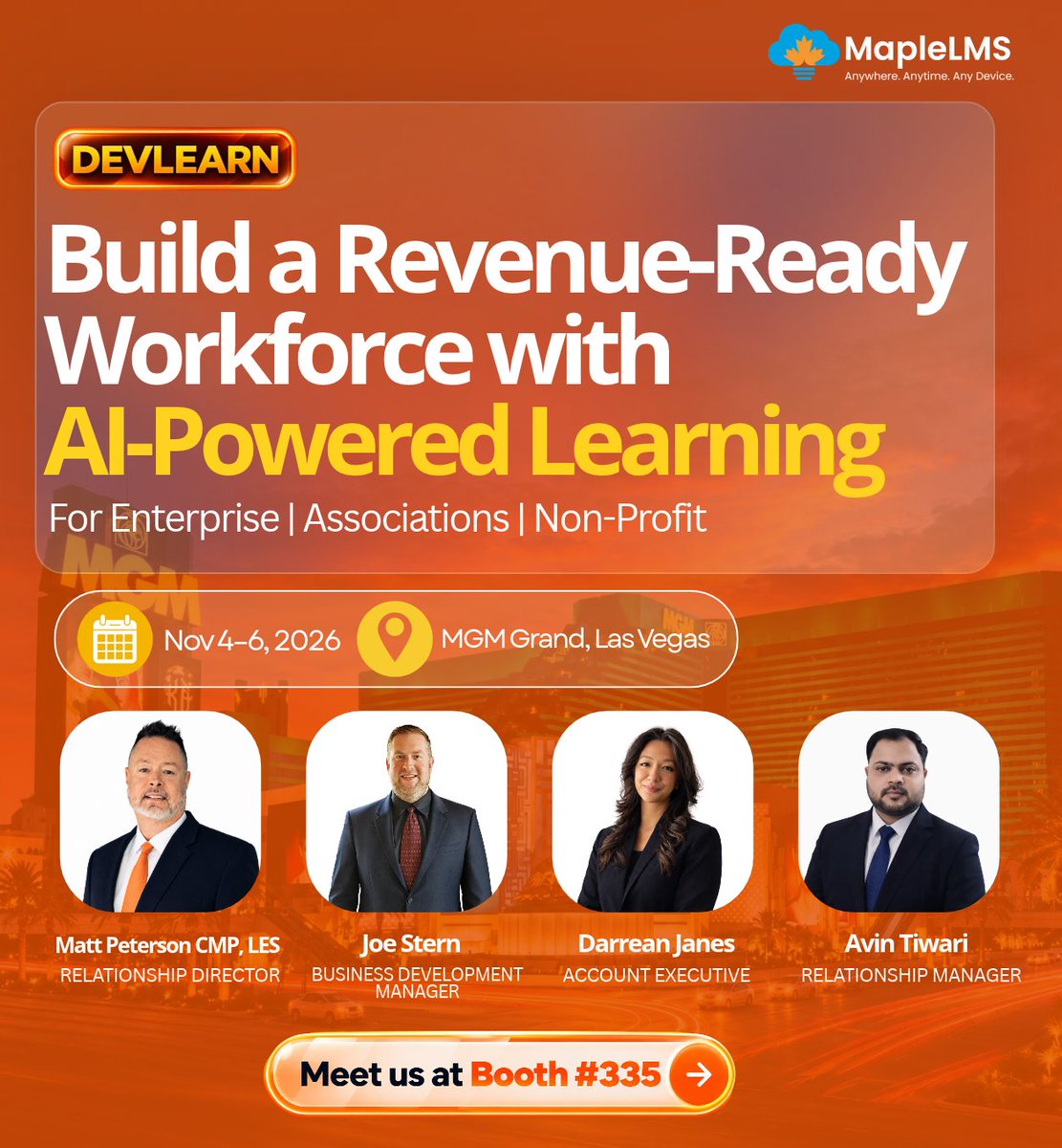 maplelms's tweet photo. Meet MapleLMS at DevLearn 2026 and explore smarter learning for enterprises, associations &amp; nonprofits.

📍 MGM Grand, Las Vegas
📅 Nov 4–6, 2026
📌 Booth #335

Let’s connect! https://t.co/5LFnuZSLKp 

#DevLearn2026 #MapleLMS #AI #LearningAndDevelopment #Devlearn26 https://t.co/lAWx9UW2VX