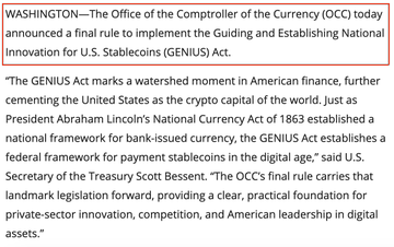 CoinEdition's tweet photo. 🚨 OCC TIGHTENS STABLECOIN REWARDS RULES

The OCC finalized its first GENIUS Act rule, effective January 18, 2027, with no automatic exemptions for existing stablecoin rewards programs.

Yield paid solely for holding stablecoins is prohibited, while certain third-party rewards may still qualify.

Could the new rules reshape stablecoin rewards offered by Coinbase, PayPal, and Kraken?