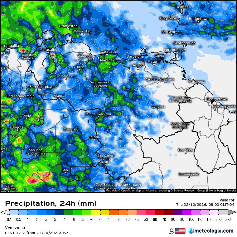 EstebanWXcast's tweet photo. Venezuela, precipitación acumulada en 24 hrs, previas a 08:00 HLV del 22OCT26, según GFS, ICON, UKMO y ECMWF. Previsión de conjuntos GFS y ECMWF resuelven precipitaciones poco importantes en Zulia, Andes, Guárico, Región Capital, NW y SW de Bolívar y Amazonas. https://t.co/D2oSjq6sTh