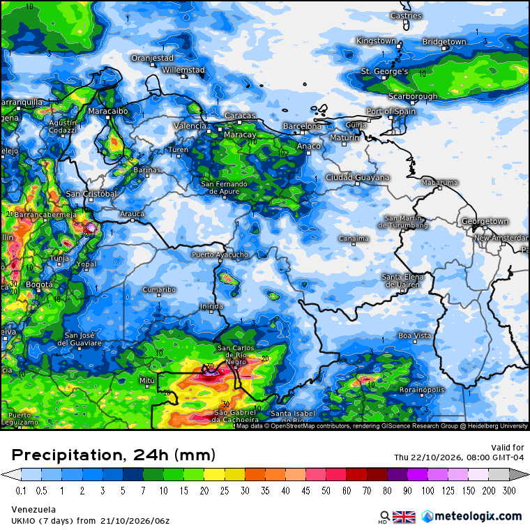EstebanWXcast's tweet photo. Venezuela, precipitación acumulada en 24 hrs, previas a 08:00 HLV del 22OCT26, según GFS, ICON, UKMO y ECMWF. Previsión de conjuntos GFS y ECMWF resuelven precipitaciones poco importantes en Zulia, Andes, Guárico, Región Capital, NW y SW de Bolívar y Amazonas. https://t.co/D2oSjq6sTh