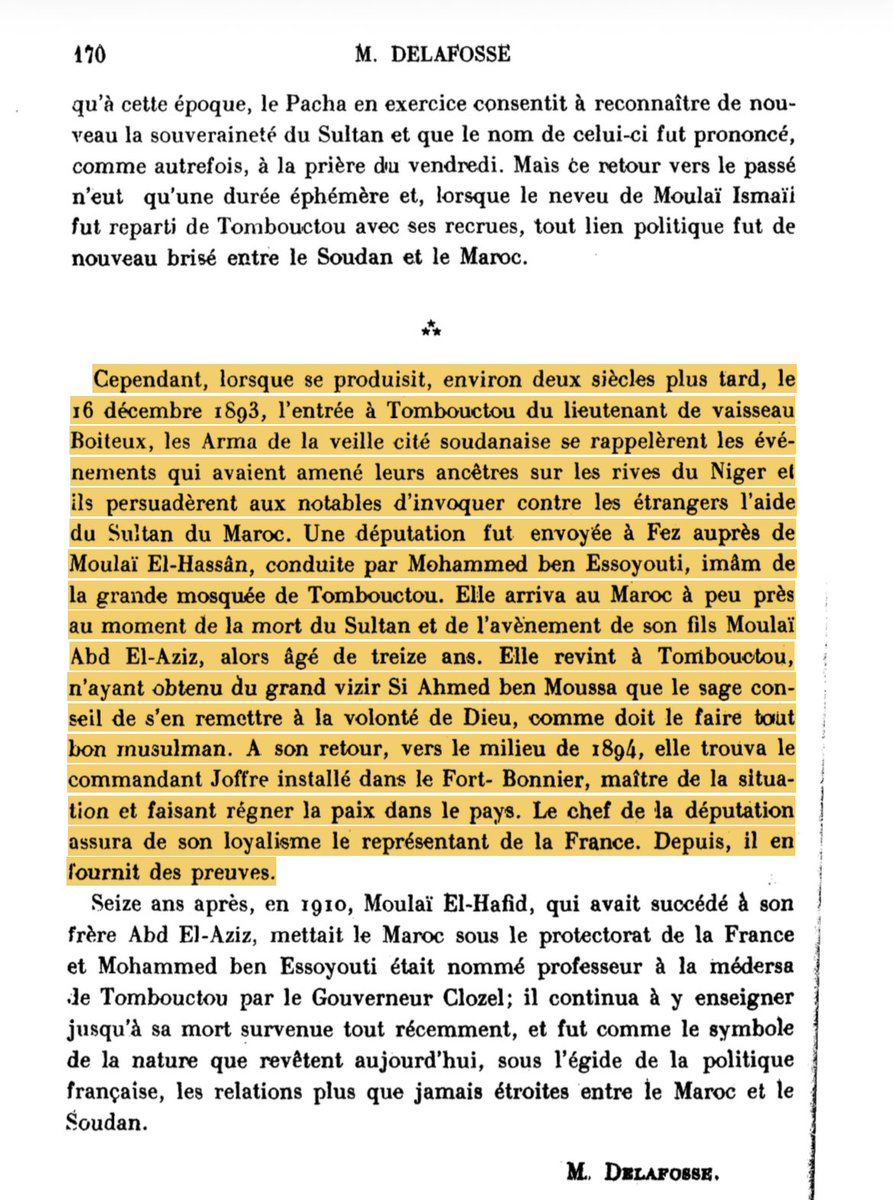Sahelian221's tweet photo. Notes:
- The delegation sought protection, not the restoration of an existing Moroccan administration.
- The Moroccan court did not send an army to recover Timbuktu.
- The delegation returned to a city where French power had already been established.
+ Delafosse explicitly described Timbuktu as being under Tuareg authority at certain periods, and he also described its rulers as alternately subordinate to Tuareg, Bambara and Fulbe powers.
👇🏿👇🏿