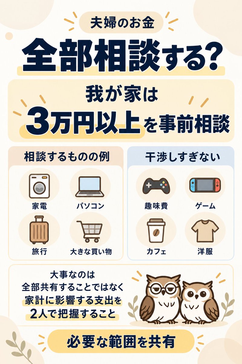 owls_couple's tweet photo. 夫婦のお金、全部相談する？

我が家では、
3万円以上の大きな支出は事前相談。
でも、趣味費には干渉しすぎません。
全部を共有するのではなく、
家計に影響することを2人で把握する。
この線引きが、今の我が家には合っています。

https://t.co/CzPxl1xeuB https://t.co/EpM42rK7T1