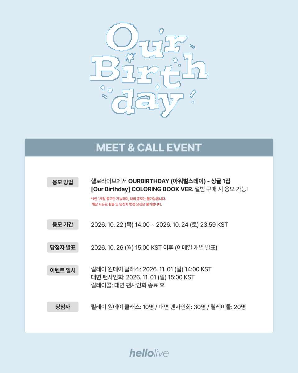 hellolivetv's tweet photo. #hellolive_NEW
OURBIRTHDAY (아워벌스데이) - 싱글 1집 [Our Birthday] 발매기념
💙MEET&CALL EVENT💙

🔔 이벤트 일시 : 11월 1일 (일) 14:00 (KST)
🔗https://t.co/oOXOLjQeVO

🔎 구매자 특전
헬로라이브 단독 미공개 포토카드
릴레이 원데이 클래스 & 릴레이콜: 🐽꿀꿀OBD🐽 ver.
대면 팬사인회: 🧸곰돌OBD🧸 ver.

✨스페셜 특전
릴레이 원데이 클래스: 멤버와 하트거울 꾸미기+사인 폴라로이드 증정 !
대면 팬사인회: 7명 추첨 사인 폴라로이드 1매 증정 !
릴레이콜: 낙서 포토카드 전원 증정 ! 

#OURBIRTHDAY #아워벌스데이 #OBD
