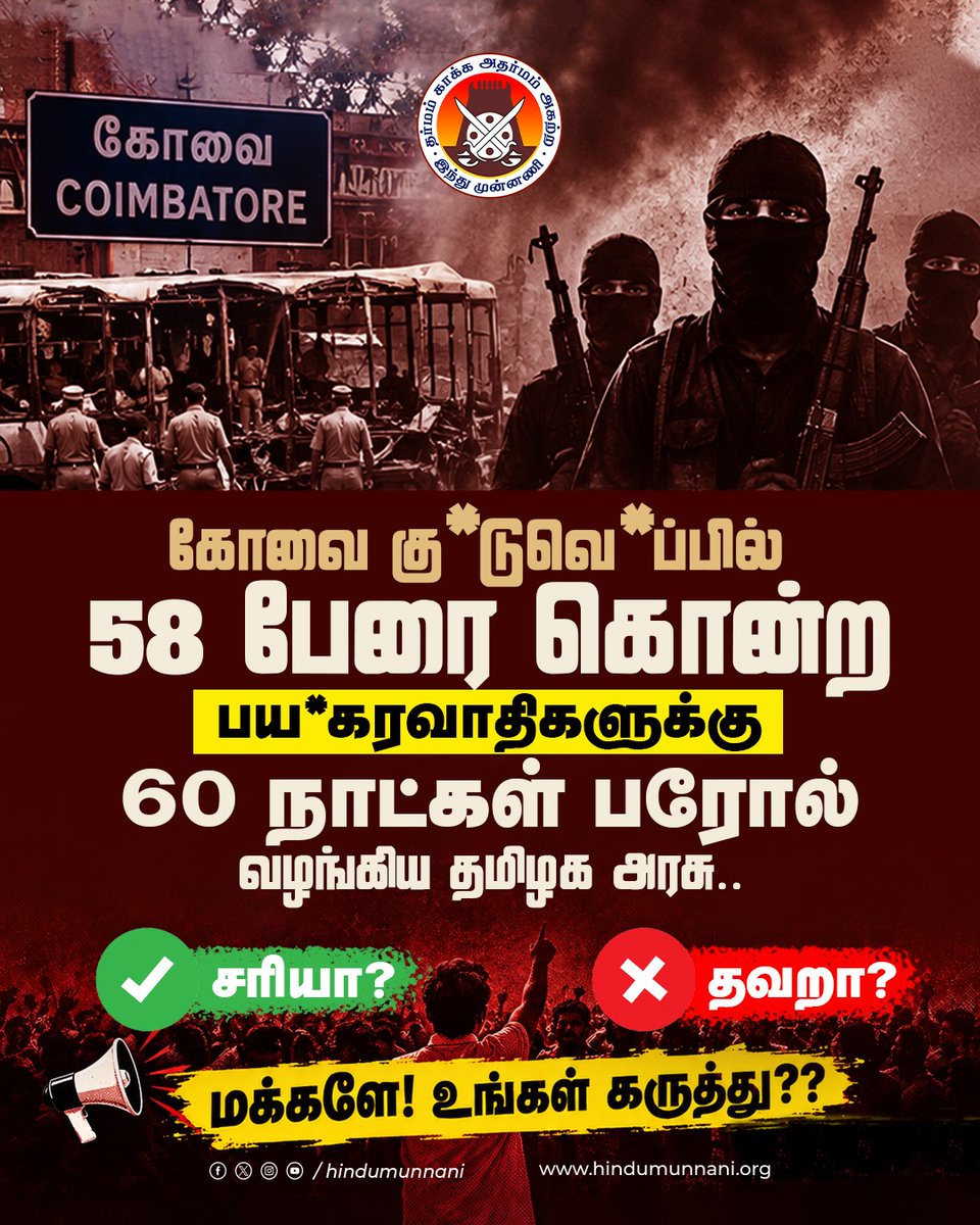 hindumunnani_tn's tweet photo. கோவை கு*டுவெ*ப்பில், 58 பேரை கொன்ற பய**கரவாதிகளுக்கு,
60 நாட்கள் பரோல் வழங்கிய தமிழக அரசு..

1. சரியா?
2. தவறா?

மக்களே! உங்கள் கருத்து??

#Coimbatore #BombBlast #TVKGovt #CommentsPlease #HinduMunnani https://t.co/QAMR5Cy7rf