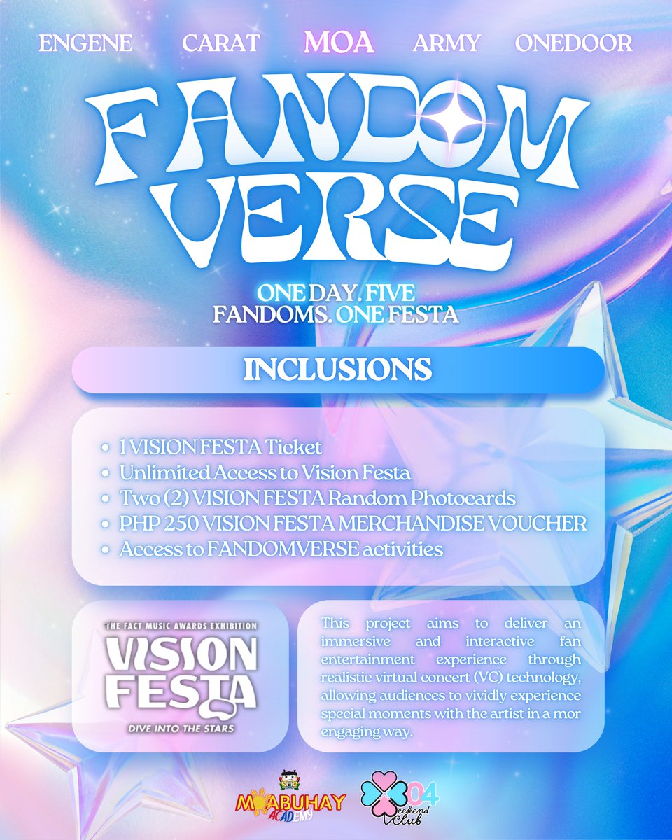 304weekendclub's tweet photo. MOAs, READY TO ENTER THE FANDOMVERSE? 💙✨

One day, five fandoms, one festa! 🌟

Join us for FANDOMVERSE this October 25 at Gateway Mall 2 and celebrate alongside fellow MOAs! 🩵

Secure your spot through our pre-registration link below and get ready for a day full of fun! 🫶🏻

🔗 https://t.co/XoQ6u5cPEb

See you there, MOAs! 💫

In partnership with @visionfesta_mnl and @MOAbuhayAcademy