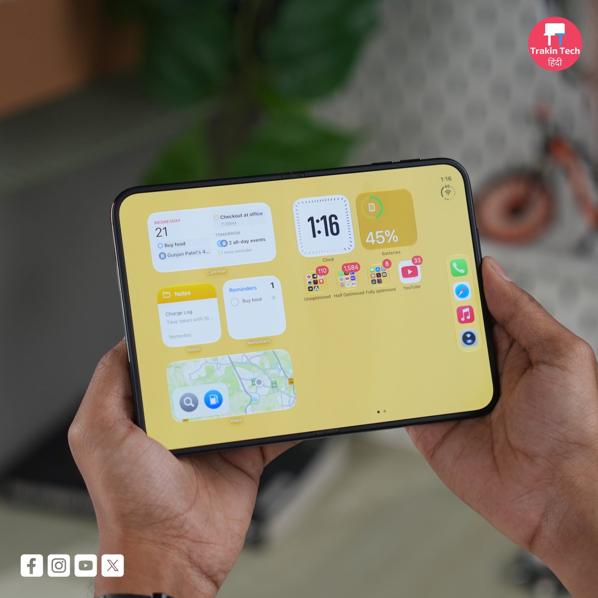 TrakinTech's tweet photo. Our thoughts on the iPhone Duo. 

It feels like the sturdiest, most durable foldable we've used so far. But it's not perfect.

👉 Best inner folding display we've seen, but the crease is still visible
👉 The matte finish cuts glare but reduces contrast
👉 Performance is good, but not better than the Pro Max
👉 Good cameras for a foldable, but no telephoto
👉 Good battery life and charging speed
👉 Creative software, but still maximum apps are not optimised for this.

Would you pick the iPhone Duo over the iPhone 18 Pro Max?