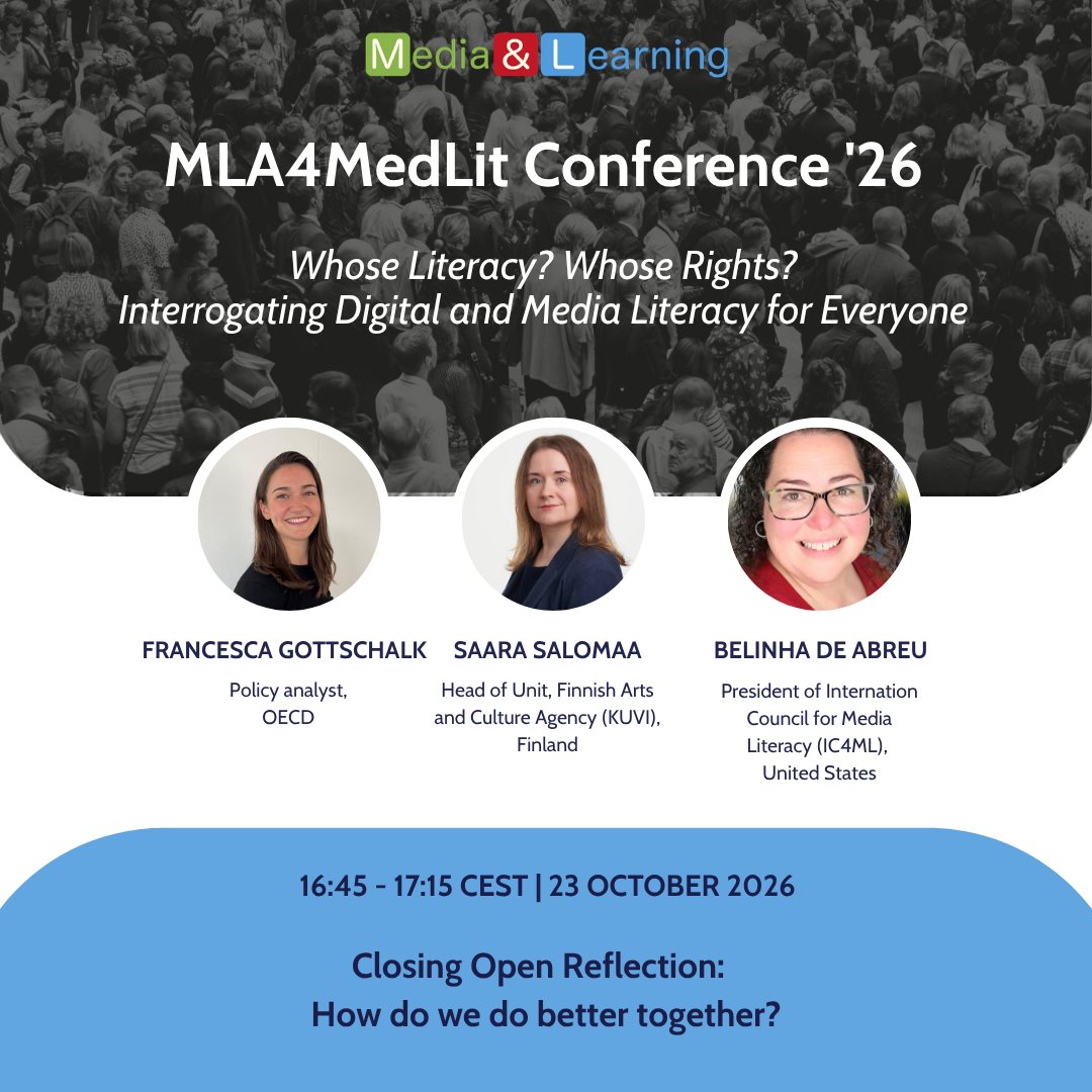 MediaLearning's tweet photo. 📢 MLA4MedLit 2026 | How do we do better together?

Final discussion:  what it would take to do media literacy better.

🗓️ 23 October | ⏰ 16:45-17:15 CEST | 🖥️ Online

More info and registration 👇
https://t.co/vwA2Jod46T 

#MediaLiteracy #MLA4MedLit #DigitalCitizenship https://t.co/PZ2kbklwt8