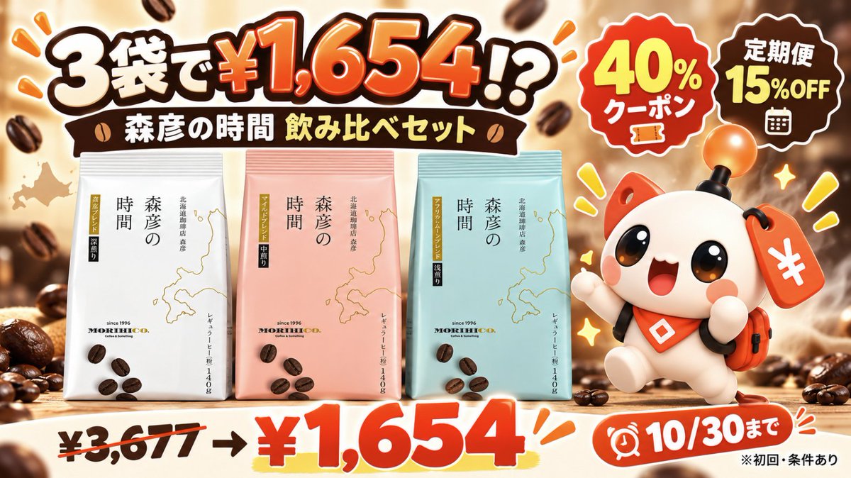 pochidoki_jp's tweet photo. 📡 AGF『森彦の時間』3袋、条件次第で¥1,654!?☕

【PR】https://t.co/H5F61ORnFo

浅・中・深煎り各140g（粉）

✅ 40%クーポン→¥2,206
🔥 定期便15%併用→¥1,654（約¥551/袋）
⏰ クーポン10/30まで

※10/21確認。15%は異なる定期便商品3種以上の同日配送が条件。定期便は継続、次回価格は変動。 https://t.co/cNSRg8EfD6